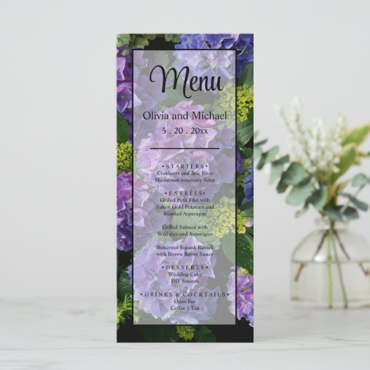 Elegante blauwe paarse magenta groene bloemige hor menu (Staand voorkant)