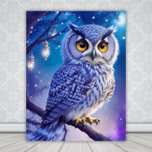 Elegante Blauwe Paarse Magische Uil Comic AI Kunst