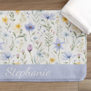Elegante Blauwe Paarse Waterverf Wilde Bloem Naam Badmat