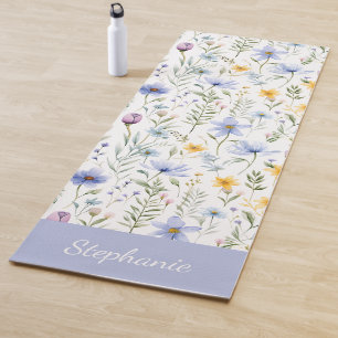 Elegante Blauwe Paarse Wilde Bloem Waterverf Naam Yogamat