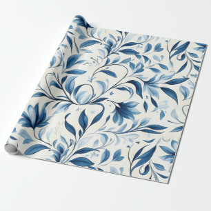 Elegante blauwe Paisley bladeren - witte achtergro Cadeaupapier