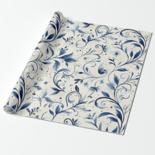 Elegante blauwe Paisley bladeren - witte achtergro Cadeaupapier