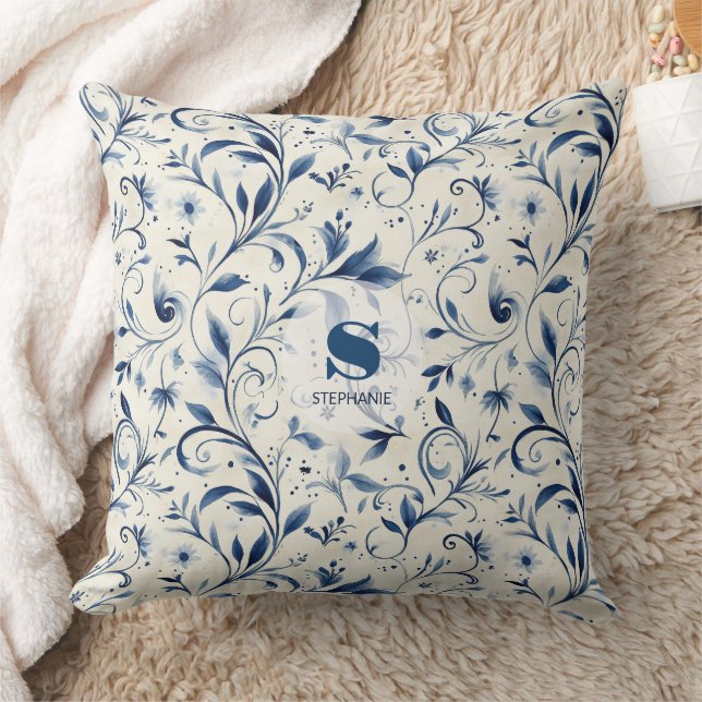 Elegante blauwe Paisley bladeren - witte achtergro Kussen (Deken)
