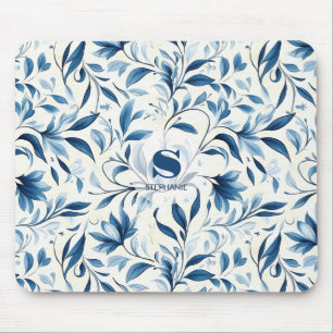 Elegante blauwe Paisley bladeren - witte achtergro Muismat