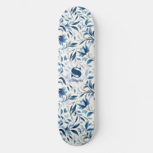 Elegante blauwe Paisley bladeren - witte achtergro Persoonlijk Skateboard