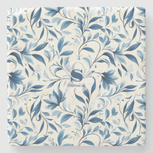 Elegante blauwe Paisley bladeren - witte achtergro Stenen Onderzetter