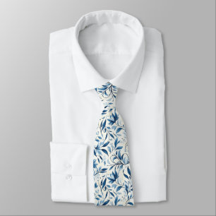 Elegante blauwe Paisley bladeren - witte achtergro Stropdas