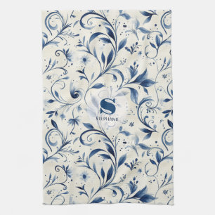 Elegante blauwe Paisley bladeren - witte achtergro Theedoek