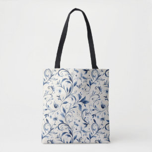 Elegante blauwe Paisley bladeren - witte achtergro Tote Bag