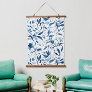 Elegante blauwe paisleybladeren - Witte achtergron Hangend Wandkleed
