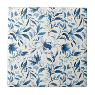 Elegante blauwe paisleybladeren - Witte achtergron Tegeltje