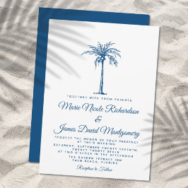 Elegante Blauwe Palm Formele Strand Bruiloft Kaart