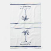 Elegante blauwe palmboom gepersonaliseerd theedoek (Verticaal)