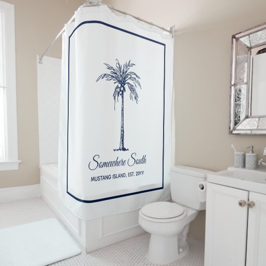 Elegante Blauwe Palmboom Persoonlijk Douchegordijn (In situ)