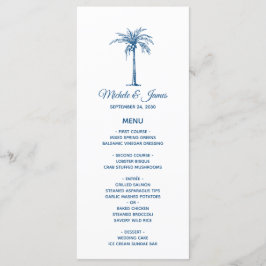 Elegante Blauwe Palmboom Tropisch Strand Huwelijk Menu