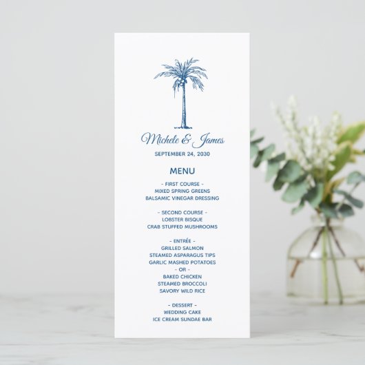 Elegante Blauwe Palmboom Tropische Strand Bruiloft Menu (Staand voorkant)