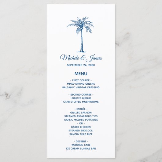 Elegante Blauwe Palmboom Tropische Strand Bruiloft Menu (Voorkant)