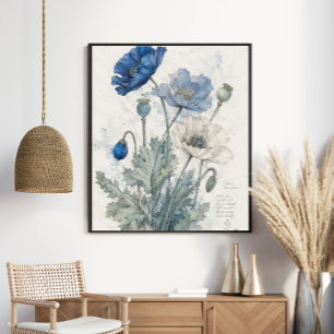 Elegante Blauwe Papavers Botanische Kunst Poster