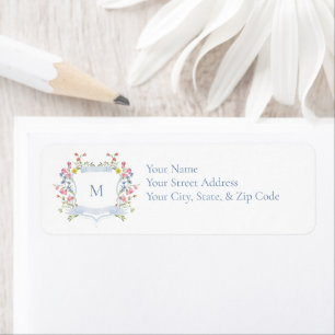 Elegante Blauwe Pastel Wilde Bloem Wapen Bruiloft  Etiket