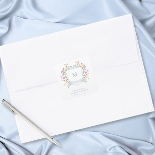 Elegante Blauwe Pastel Wilde Bloem Wapen Bruiloft  Vierkante Sticker