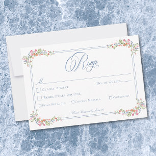 Elegante Blauwe Pastel Wilde Bloemen Rand Bruiloft RSVP Kaartje