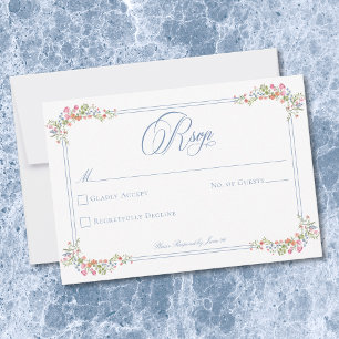 Elegante Blauwe Pastel Wilde Bloemen Rand Trouwfee RSVP Kaartje