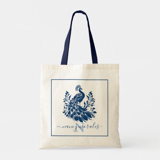 Elegante blauwe pauw | Aangepaste moderne kalligra Tote Bag (Achterkant)