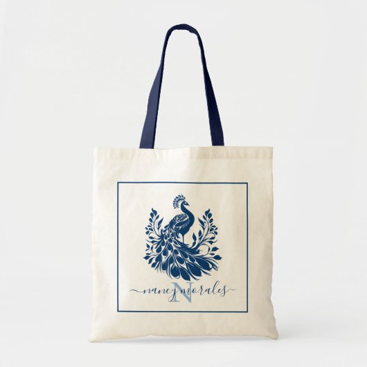Elegante blauwe pauw | Aangepaste moderne kalligra Tote Bag (Voorkant)