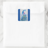 Elegante blauwe pauw aquarel met liefde vierkante sticker (Tas)
