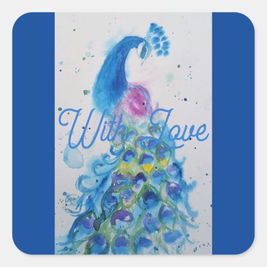 Elegante blauwe pauw aquarel met liefde vierkante sticker (Voorkant)