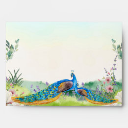 Elegante Blauwe Pauw Bloemrijke Botanische Bruilof Envelop