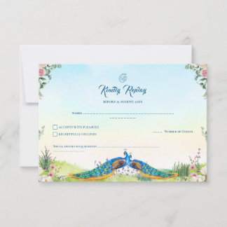 Elegante Blauwe Pauw Bloemrijke Indiase Trouwthema RSVP Kaartje
