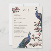 Elegante blauwe pauw en Magnolia bloemen bruiloft Kaart (Voorkant)