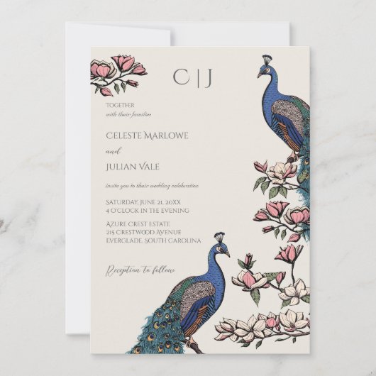 Elegante blauwe pauw en Magnolia bloemen bruiloft Kaart (Voorkant)