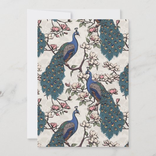 Elegante blauwe pauw en Magnolia bloemen bruiloft Kaart (Achterkant)