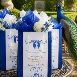 Elegante blauwe pauw huwelijks-welkomstcadeautas medium cadeauzakje