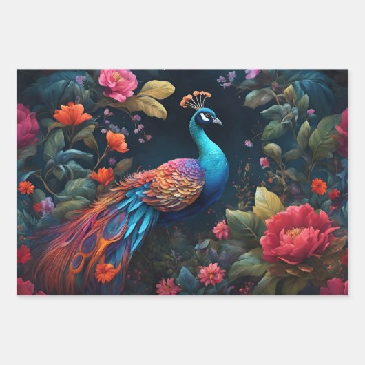 Elegante blauwe pauw in kleurrijke bloementuin inpakpapier vel (Voorkant)