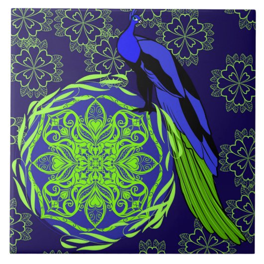 Elegante Blauwe Pauw met Groene Mandala Tegeltje (Voorkant)