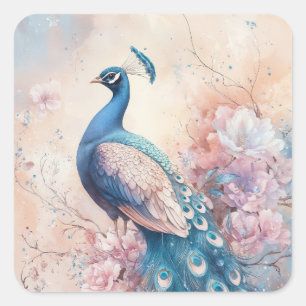 Elegante Blauwe Pauw op Bloemrijke Tak Vierkante Sticker