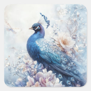 Elegante Blauwe Pauw op een Ethische Tuin Vierkante Sticker