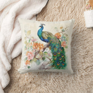 Elegante Blauwe Pauw Roze Bloemen Crème Kussen