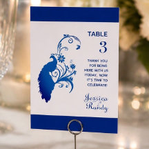 Elegante Blauwe Pauw Trouwtafelkaart