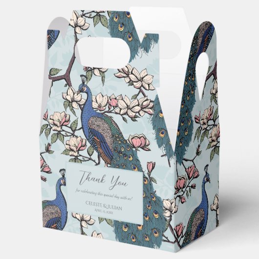 Elegante blauwe pauwen en blauwe bloemen bedankdoosjes (Geopend)