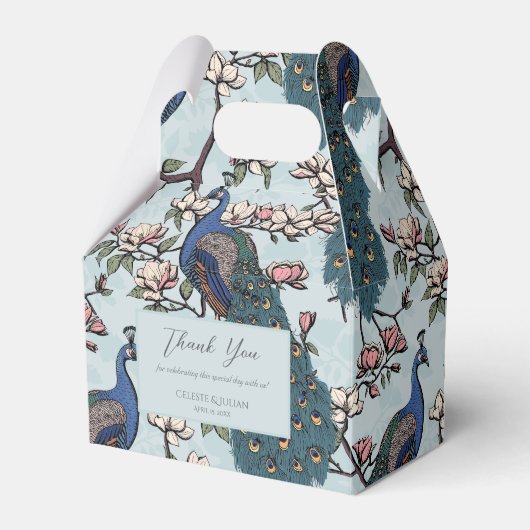 Elegante blauwe pauwen en blauwe bloemen bedankdoosjes (Voorkant Zijde)