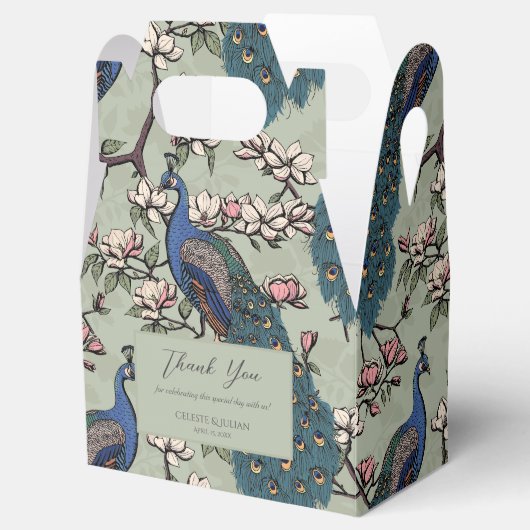 Elegante blauwe pauwen en bloemen salie groen bedankdoosjes (Geopend)