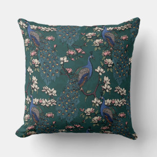 Elegante blauwe pauwen, Magnolia bloemen, takken Kussen