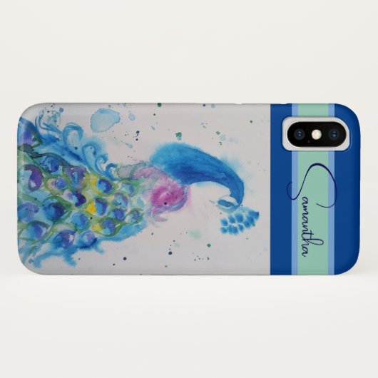 Elegante blauwe Peacock aquarel Dank u Case-Mate iPhone Case (Achterkant (horizontaal))