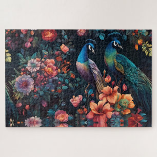 Elegante Blauwe Peacock in Kleurrijke Bloemtuin Legpuzzel