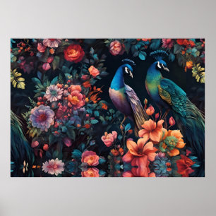 Elegante Blauwe Peacock in Kleurrijke Bloemtuin Poster
