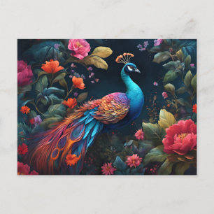 Elegante Blauwe Peacock in Kleurrijke Tuin Briefkaart